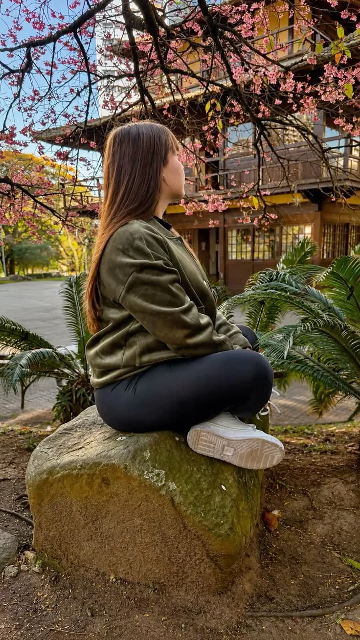 Pessoa de perfil sob as cerejeiras da Praça do Japão